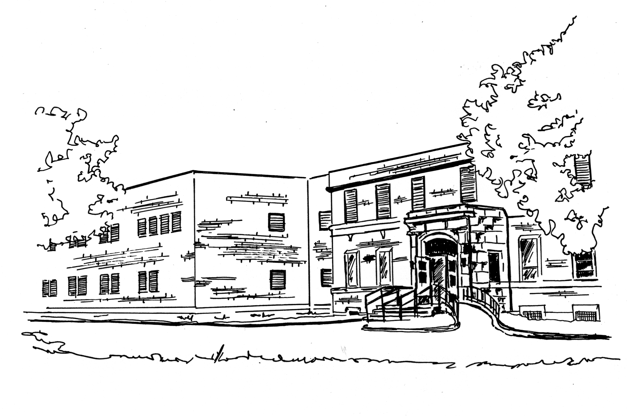 A black in white illustration of Waypoint's Oak Ridge building (a two-story building).