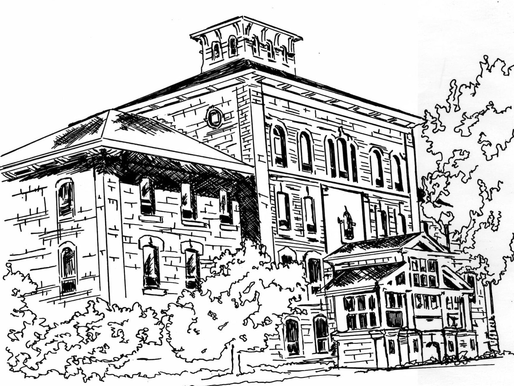 Black and white illustration of Waypoint's administrative building.