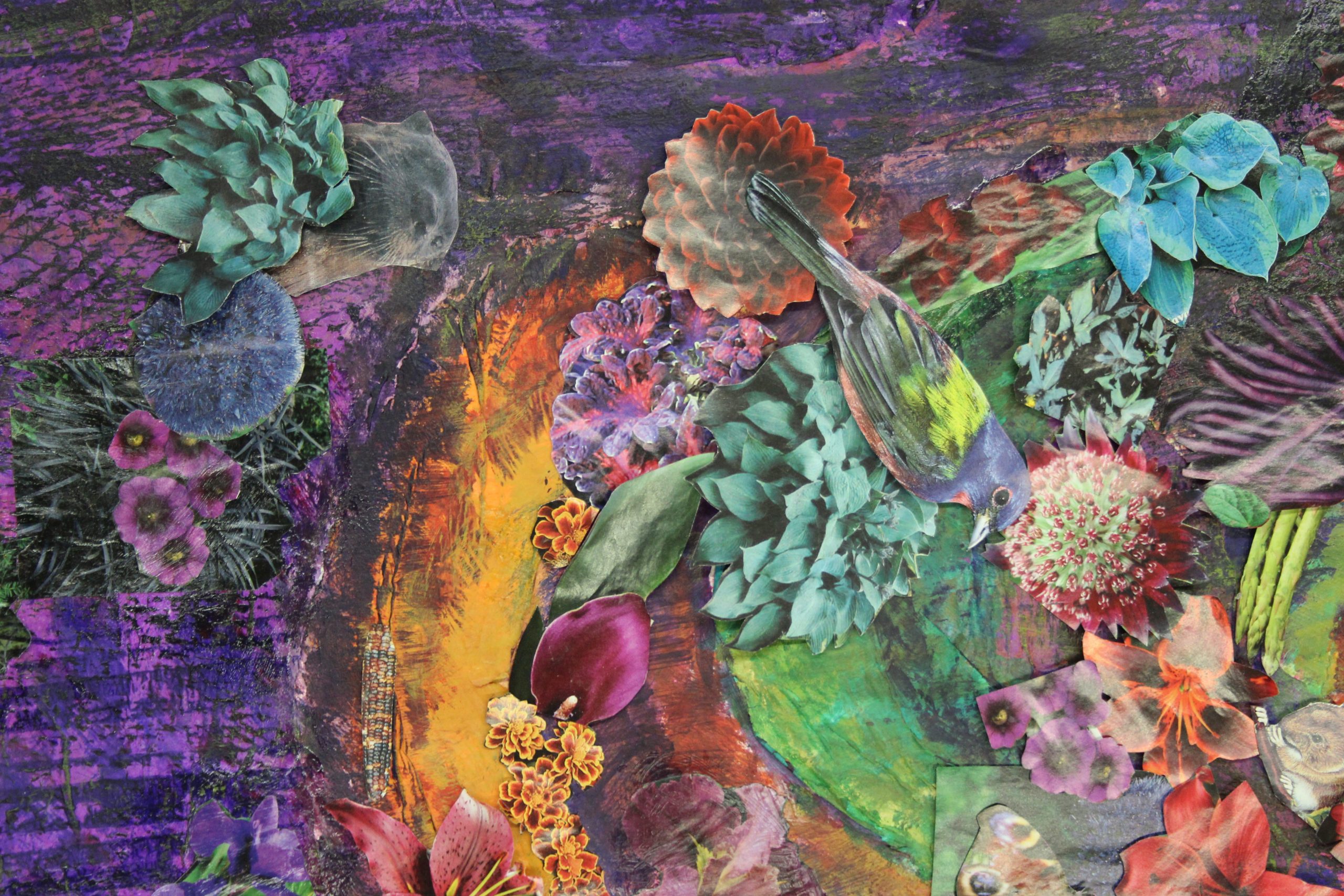 Abstract patient art depicting animals and flowers.