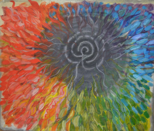 A piece of patient artwork using red, blues and greens with a centre of grey and white.